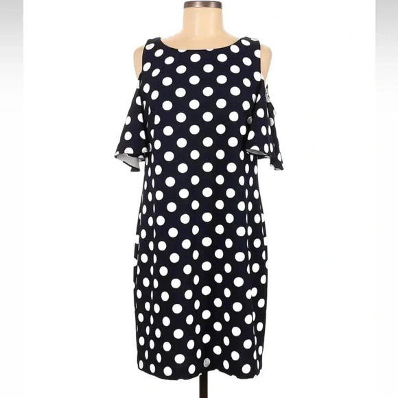 Eliza J Cold Shoulder Pinup Rockabilly Polka Dots Dress Navy Size 8 Medium M - Picture 3 of 3